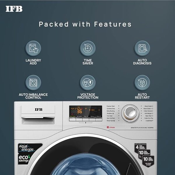 IFB 8 Kg 5 Star Front Load Washing Machine 2X Power Steam (SENATOR PLUS SXS 8014, Silver, In-built Heater, 4 years Comprehensive Warranty) - Image 5