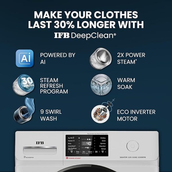 IFB 8 Kg 5 Star Powered by AI with 9 Swirl Wash, WiFi, Fully Automatic Front Load Washing Machine (Senator GXN 8012, Steam Refresh Program with Eco Inverter, Grey) - Image 7