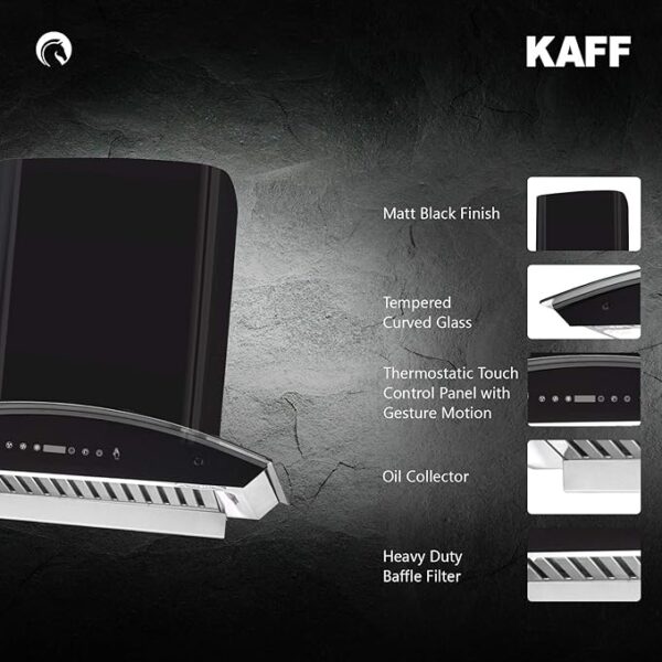 KAFF 60 CM Auto Clean Curved Glass Kitchen Chimney, 1180 m3/hr Suction Capacity with Motion Sensor, Touch Control, Heavy Duty SS Baffle Filter, Black Glass Front Panel (PRIMA TX DHC 60, Black) - Image 2