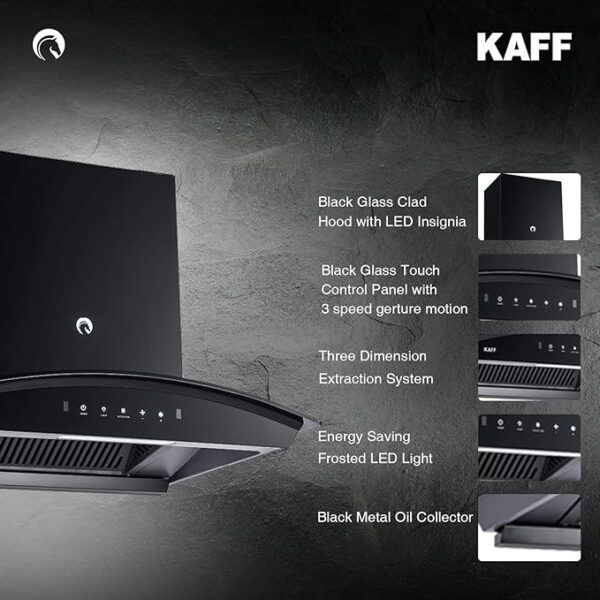 KAFF 60 CM Filter-less Auto Clean Curved Glass Kitchen Chimney, 1250 m3/hr Suction Capacity with Motion Sensor, Touch Control, Black Glass Clad Hood with LED Insignia (VASCO DHC 60, Black) - Image 2