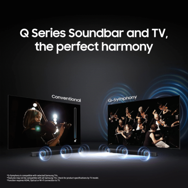 Samsung Q-Symphony Soundbar (HW-Q600C/XL), USB, Bluetooth with 3.1.2 Channel, Wireless Subwoofer, and 2 Up-Firing Speakers, Dolby Atmos Music (Black) - Image 7