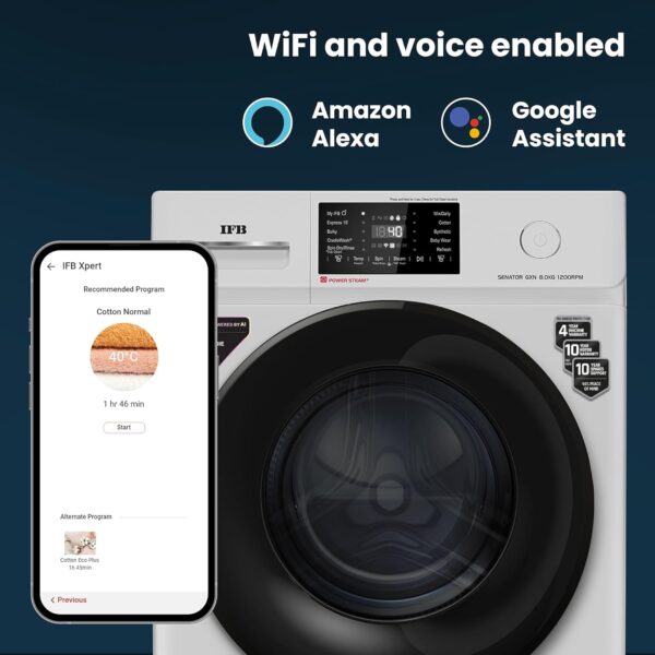 IFB 8 Kg 5 Star Powered by AI with 9 Swirl Wash, WiFi, Fully Automatic Front Load Washing Machine (Senator GXN 8012, Steam Refresh Program with Eco Inverter, Grey) - Image 4