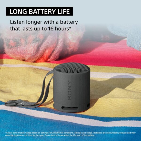 Sony SRS-XB100 Wireless Bluetooth Portable Lightweight Super-Compact Travel Speaker, Extra-Durable IP67 Waterproof & Dustproof, 16 Hour Battery, Versatile Strap, and Hands-Free Calling, Black New - Image 10