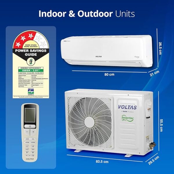 Voltas 1 Ton 3 Star, Fixed Speed Split AC (Copper, LED Display, Anti-dust Filter, 2023 Model, 123 Vectra Elegant, White) - Image 2