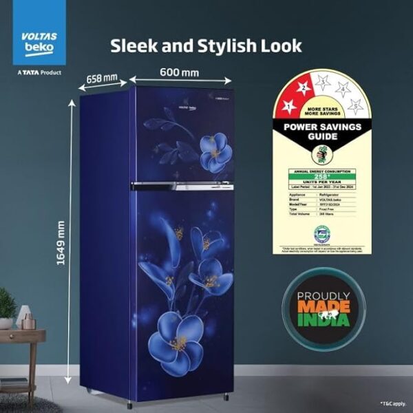 Voltas Beko 268 L, 2 Star, Frost Free Double Door Refrigerator with 6 in 1 Adjustable Harvest Fresh Technology (RFF315D/WPV300RMBD, Moonlight Blue) - Image 2
