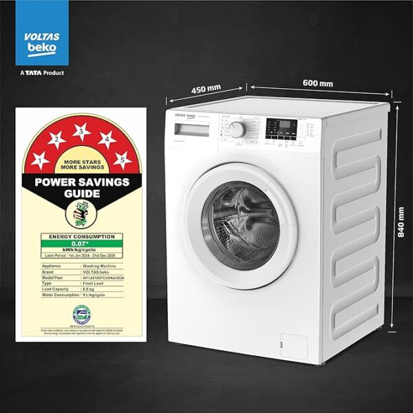 Voltas Beko, A Tata Product 6.5 Kg 5 Star Fully Automatic Front Loading Washing Machine (2023 Model, WFL6512B7CUSKA/WXV, White, In-Built Heater) - Image 2