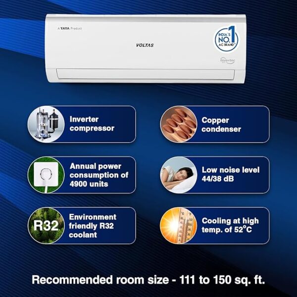 Voltas 1.5 Ton 5 Star Inverter Split AC (Copper, 4-in-1 Adjustable Mode, Anti-dust Filter, 2023 Model,185V Vectra Elite, White) - Image 3