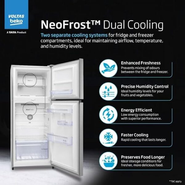 Voltas Beko 268 L, 2 Star, Frost Free Double Door Refrigerator with 6 in 1 Adjustable Harvest Fresh Technology (RFF315D/WPV300RMBD, Moonlight Blue) - Image 3