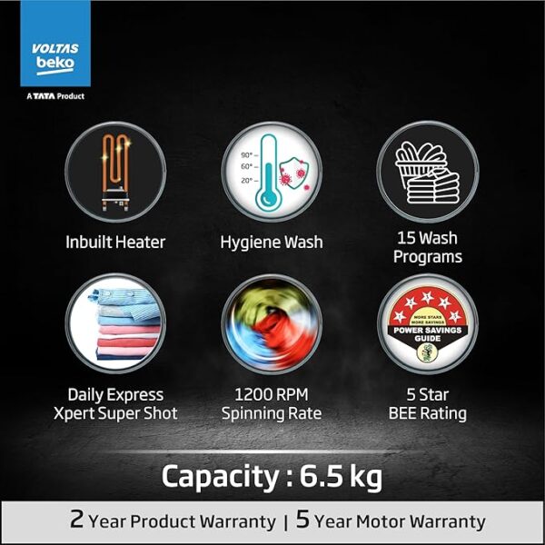 Voltas Beko, A Tata Product 6.5 Kg 5 Star Fully Automatic Front Loading Washing Machine (2023 Model, WFL6512B7CUSKA/WXV, White, In-Built Heater) - Image 3