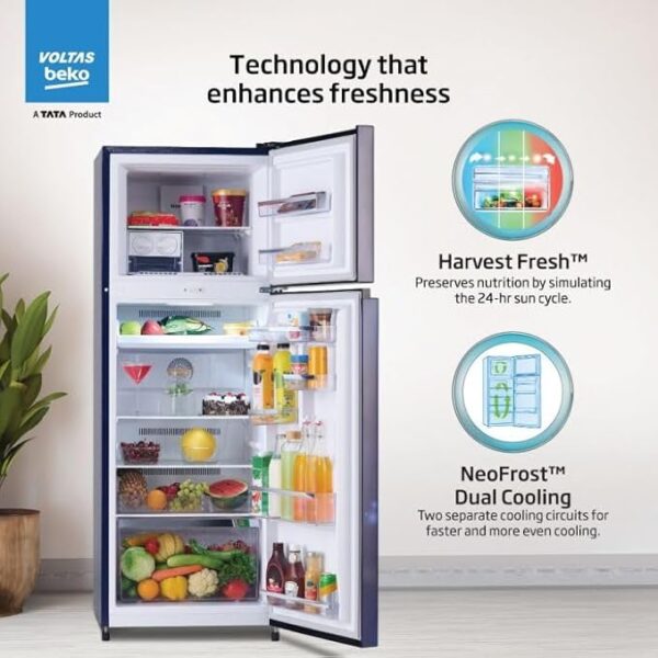 Voltas Beko 268 L, 2 Star, Frost Free Double Door Refrigerator with 6 in 1 Adjustable Harvest Fresh Technology (RFF315D/WPV300RMBD, Moonlight Blue) - Image 4