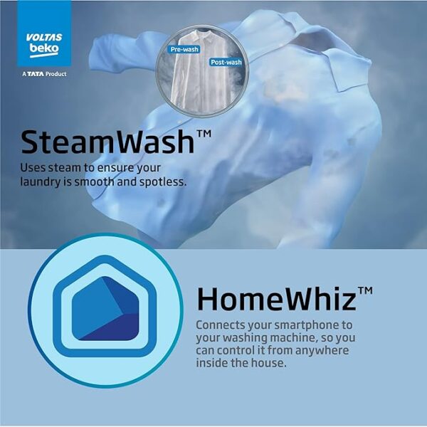 Voltas Beko 6.5kg, Inverter, 5 Star Front Load Washing Machine (WFL6512VTSS, Silver), Steam Wash,Stain Expert - Image 4