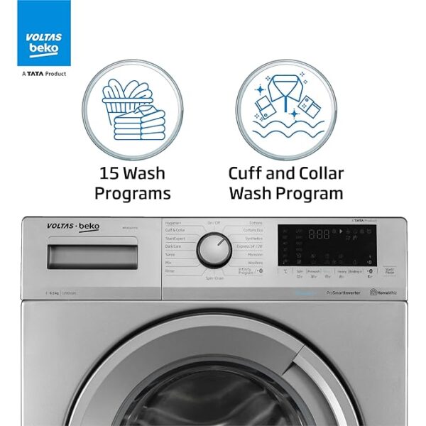 Voltas Beko 6.5kg, Inverter, 5 Star Front Load Washing Machine (WFL6512VTSS, Silver), Steam Wash,Stain Expert - Image 5