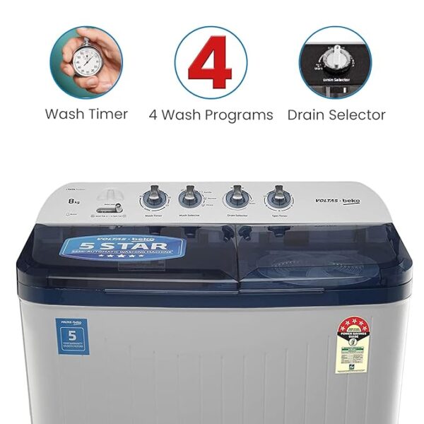 Voltas Beko 8.5 kg Semi-Automatic Top Loading Washing Machine, 2 Casette Filter (WTT85DBLT, Sky Blue) - Image 5