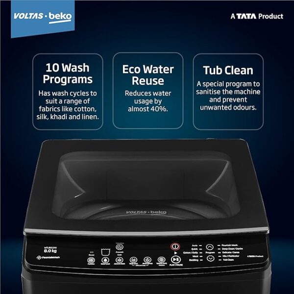 Voltas Beko, A Tata Product 8 Kg 5 Star Fountain wash Fully-Automatic Top Loading Washing Machine (2023 Model, WTL8011AU/BPC00D, Dark Grey, Side waterfall) - Image 5