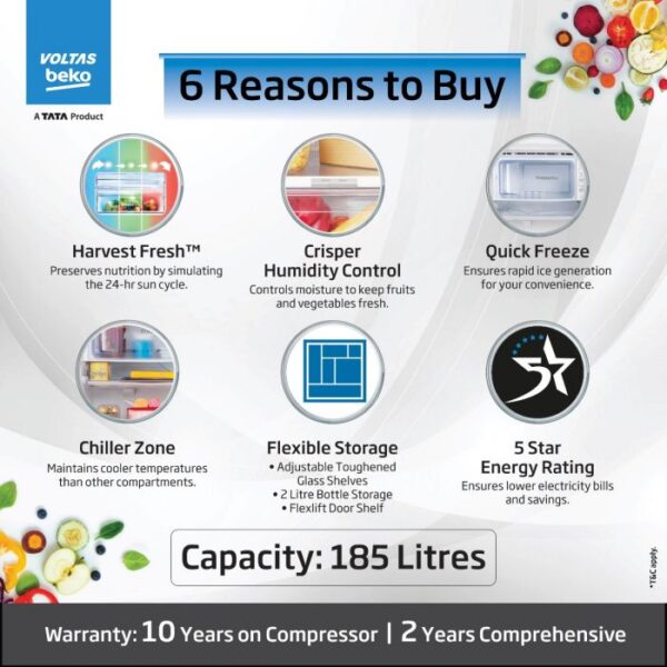 Voltas Beko 185 L, 5 Star, Direct Cool Single Door Refrigerator with Harvest Fresh Technology (RDC220A / W0DWETMH000GD, Dahlia Wine) - Image 2