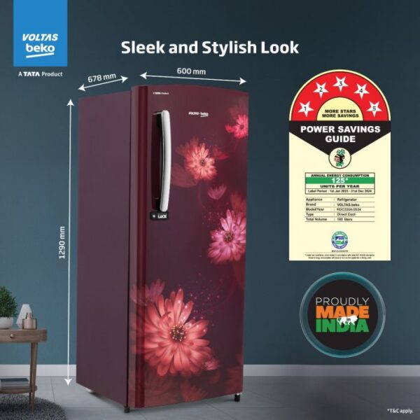 Voltas Beko 185 L, 5 Star, Direct Cool Single Door Refrigerator with Harvest Fresh Technology (RDC220A / W0DWETMH000GD, Dahlia Wine) - Image 4