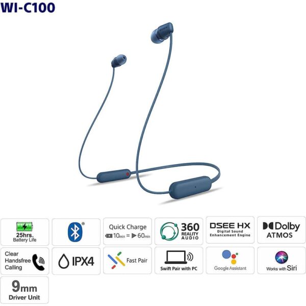 Sony WI-C100 Wireless Headphones with Customizable Equalizer for Deep Bass & 25 Hrs Battery, DSEE-Upscale, Splash Proof, 360RA, Fast Pair, in-Ear Bluetooth Headset with mic for Phone Calls (Black) - Image 4