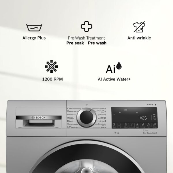 Bosch 10kg 5 Star Anti Stain & AI Active Water Plus Fully Automatic Front Load Washing Machine with Built in Heater (WGA252ZSIN, Pretreatment, Iron Steam Assist & Allergy Plus, Silver) - Image 2