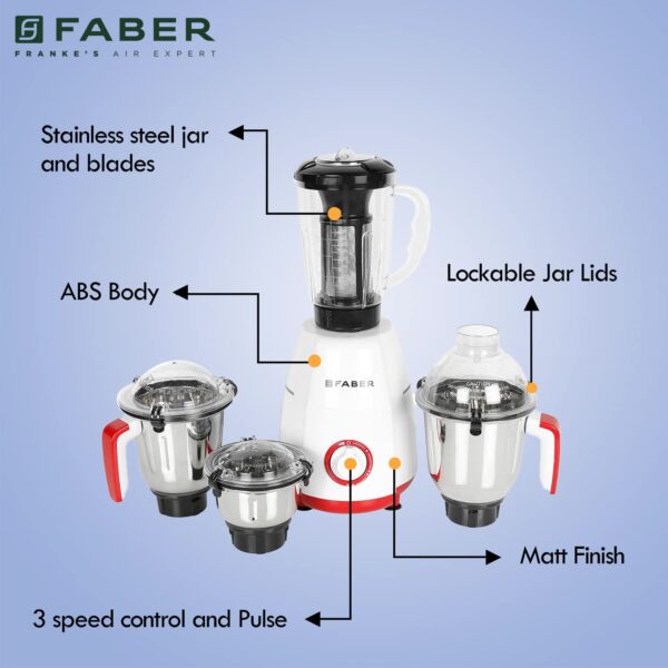Faber Crown 800W Blender Mixer Grinder, 3 SS clip lock jars + 1 PC jar || low-noise copper motor, up to 20000 rpm speed || 2 yr comprehensive & 5 yr motor warranty (FMG CROWN 800 W 4J Mystic Red) Red - Image 6