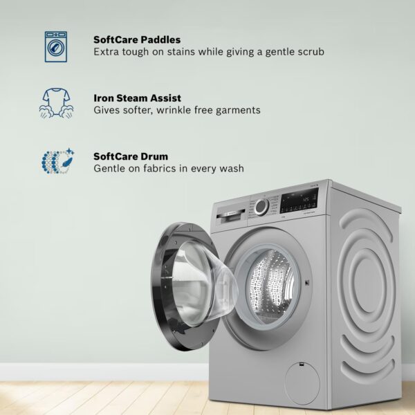 Bosch 10kg 5 Star Anti Stain & AI Active Water Plus Fully Automatic Front Load Washing Machine with Built in Heater (WGA252ZSIN, Pretreatment, Iron Steam Assist & Allergy Plus, Silver) - Image 8