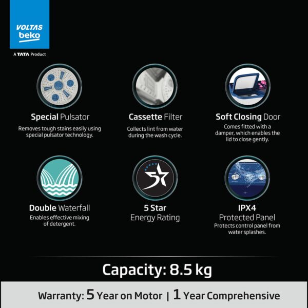 Voltas beko, A Tata Product 8.5 kg 5 Star Semi-Automatic Top Load Washing Machine With Double Water Fall technology (WTT85DBLG/FLRB5, Blue, Special Pulsator & 5 Knob Control Method) - Image 2