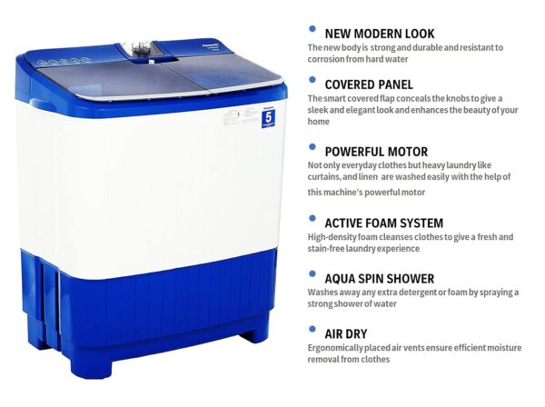 Panasonic 8 kg 5 Star Semi-Automatic Top Loading Washing Machine with Powerful Motor (NA-W80B5ARB, Blue, Active Foam System) - Image 5
