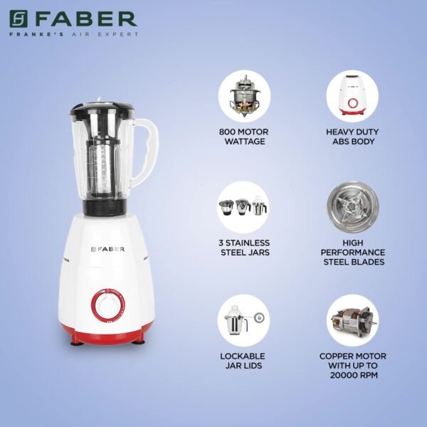 Faber Crown 800W Blender Mixer Grinder, 3 SS clip lock jars + 1 PC jar || low-noise copper motor, up to 20000 rpm speed || 2 yr comprehensive & 5 yr motor warranty (FMG CROWN 800 W 4J Mystic Red) Red - Image 4