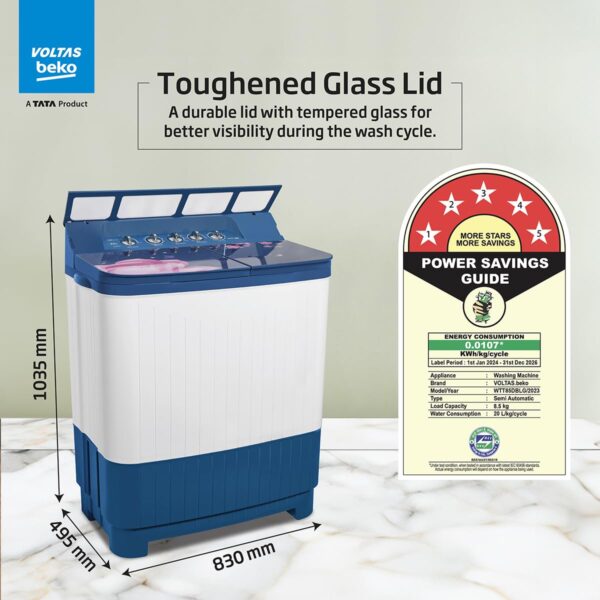 Voltas beko, A Tata Product 8.5 kg 5 Star Semi-Automatic Top Load Washing Machine With Double Water Fall technology (WTT85DBLG/FLRB5, Blue, Special Pulsator & 5 Knob Control Method) - Image 3