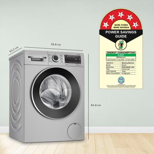 Bosch 10kg 5 Star Anti Stain & AI Active Water Plus Fully Automatic Front Load Washing Machine with Built in Heater (WGA252ZSIN, Pretreatment, Iron Steam Assist & Allergy Plus, Silver) - Image 3