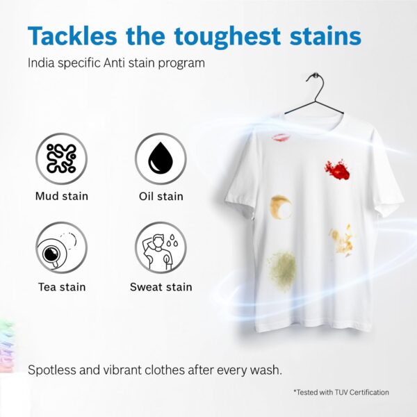 Bosch 10kg 5 Star Anti Stain & AI Active Water Plus Fully Automatic Front Load Washing Machine with Built in Heater (WGA252ZSIN, Pretreatment, Iron Steam Assist & Allergy Plus, Silver) - Image 4