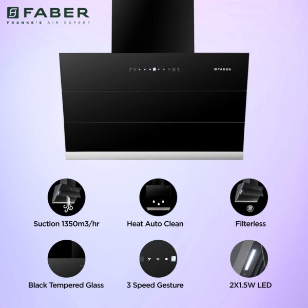 Faber 75 Cm 1350 M3/Hr Autoclean Slant Chimney, Filterless, Lifetime On Motor, 5 Yr Comprehensive Warranty, (Hood Zenith FL SC AC BK 75,Touch & Gesture Control,Black) - Image 3