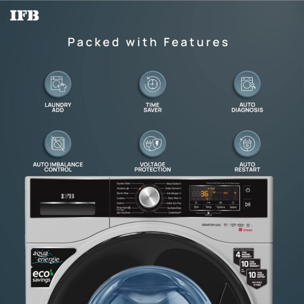 IFB 8 Kg 5 Star Front Load Washing Machine 2X Power Steam (SENATOR SXS 8012, Silver, In-built Heater, 4 years Comprehensive Warranty) - Image 2