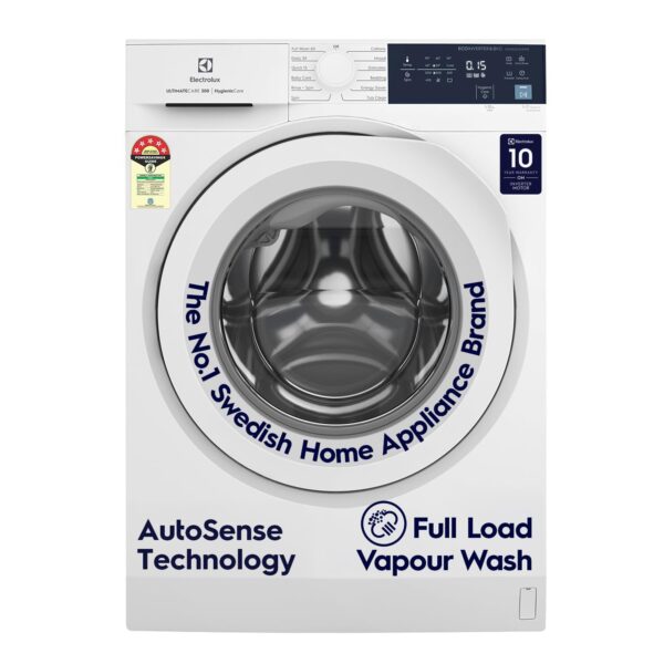 Electrolux 8kg 5 Star EcoInverter Fully Automatic Front Load Washing Machine, Full Load Vapour Wash for Sustainable Clothing, Hygienic Care, White, UltimateCare 300, EWF8024D3WB