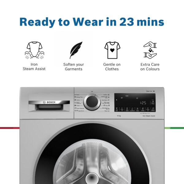 Bosch 10kg 5 Star Anti Stain & AI Active Water Plus Fully Automatic Front Load Washing Machine with Built in Heater (WGA252ZSIN, Pretreatment, Iron Steam Assist & Allergy Plus, Silver) - Image 6