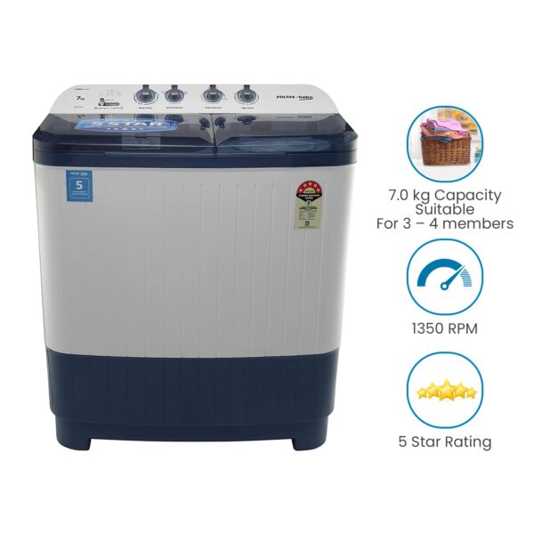 Voltas Beko 7 kg Semi-Automatic Top Loading Washing Machine Appliance, Double Waterfall (WTT70DBLT, Sky Blue) - Image 4