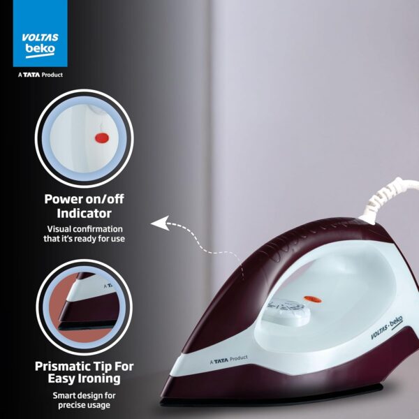 Voltas Beko, A Tata Product 1000 W Dry Iron (I1000VD-BGWH, Burgundy-White, with Crease-busting Greblon Soleplate) - Image 5