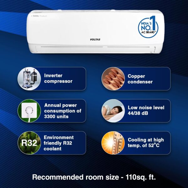 Voltas 1 Ton 3 Star Adjustable Inverter Split AC(Copper, 123V Vectra Elegant, 4-in-1 Adjustable Mode, White) - Image 3