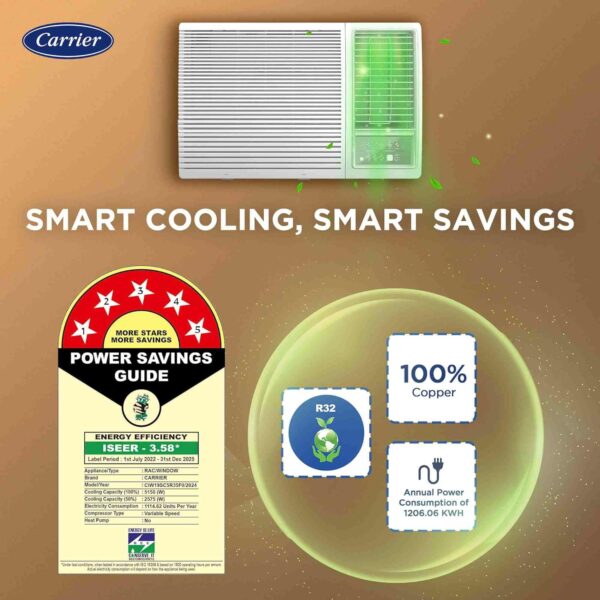 Carrier 1.5 Ton 5 Star 19K Estrella FXI (M) Inverter Window AC, R32 Refrigerant, WRAC, High Energy Efficiency, White - Image 8