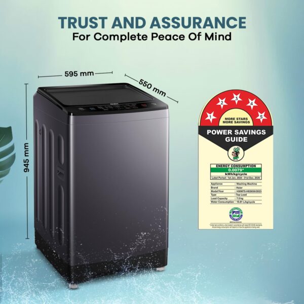 Haier 7.5 Kg 5 star Fully Automatic Top Loading Washing Machine HWM75-H826S6, Starry Silver, Butterfly Shape Heater, Oceanus Wave Drum,Near Zero Pressure, Toughened glass) - Image 3