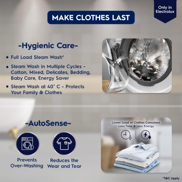 Electrolux 9kg 5 Star EcoInverter Fully Automatic Front Load Washing Machine, Full Load Vapour Wash for Sustainable Clothing, Hygienic Care, White, UltimateCare 300, EWF9024D3WB - Image 2