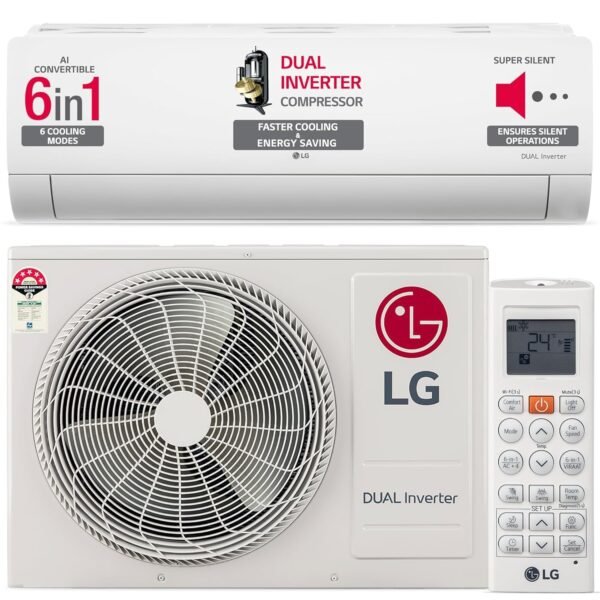 LG 1.5 Ton 5 Star AI DUAL Inverter Split AC (Copper, AI Convertible 6-in-1 Cooling, 4 Way Swing, HD Filter with Anti-Virus Protection, 2024 Model, US-Q19ENZE, White)