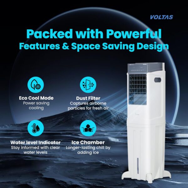 Voltas Slimm 35T Tower Air Cooler for Home, Honey Comb Cooling Pads with 3 Speed Control Functions, 35 Litres, White - Image 3