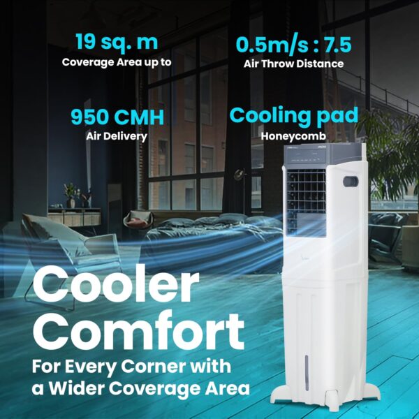 Voltas Slimm 35T Tower Air Cooler for Home, Honey Comb Cooling Pads with 3 Speed Control Functions, 35 Litres, White - Image 5