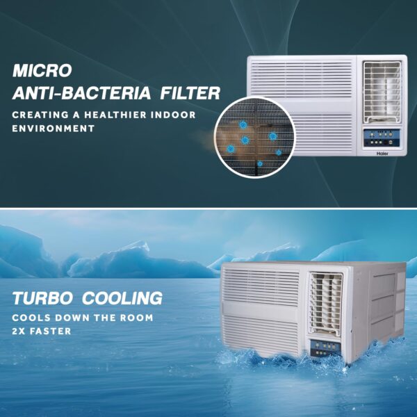 Haier 1 Ton 3 Star Fix Speed Side Flow Window AC (Copper, Turbo Mode, Anti Bacterial Filter, Cools at 54°C Temp, Long Air Throw - HWU12F-AOW3BN-FS,White) - Image 5