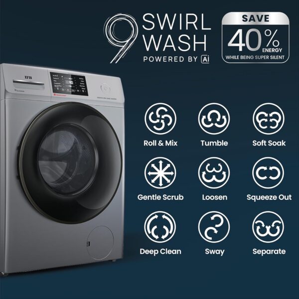 IFB 8 Kg 5 Star with 9 Swirl Wash, AI Powered, Wi-Fi, Fully Automatic Front Load Washing Machine (Senator MSN 8014, Steam Refresh Program with Eco Inverter, Metallic Silver) - Image 3