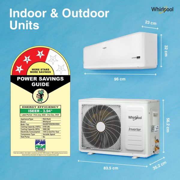 Whirlpool 2.0 Ton 3 Star, Supremecool Inverter Split AC (SUPREMECOOL 20T 3S INV EXP S5N3PB0, Copper, Convertible 4-in-1 Cooling Mode, HD Filter White) - Image 8