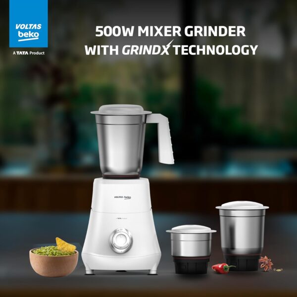Voltas Beko, A Tata Product Powerfull 500 W Mixer Grinder with GrindX Technology (G5003HP-WH | 3 Jars | White) - Image 2