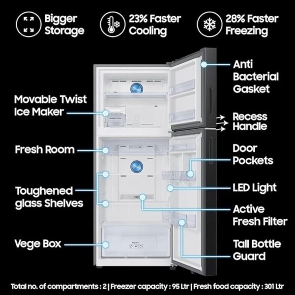 Samsung 396 L, 2 Star, Convertible 5-in-1, Digital Inverter, Frost Free Double Door, Bespoke AI WiFi Enabled Refrigerator (RT41DG6A2BB1, Black Matte, 2025 Model) - Image 6