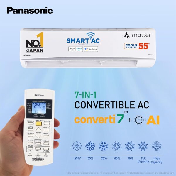 Panasonic 2.2 Ton 4 Star Premium Wi-Fi Inverter Smart Split AC(55 Deg. C Operation, Copper Condenser, 7in1 Convertible, True AI, 4-Way Swing, PM 0.1 Filter, CS/CU-QU26BKYFM, 2025 Model, White) - Image 2