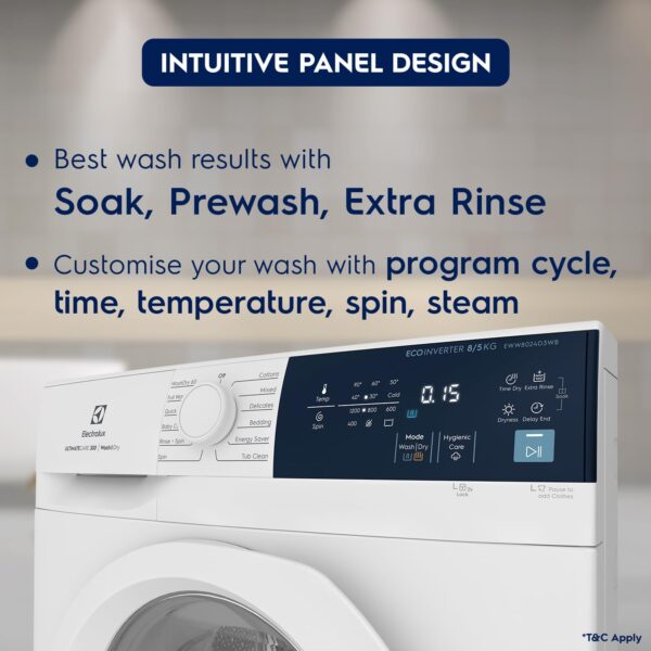 Electrolux 8kg/5kg 5 Star EcoInverter Fully Automatic Front Load Washer Dryer, Scandinavian Design with 40°C Vapour Wash for Sustainable Clothing, Wash To Dry, White, UltimateCare 300, EWW8024D3WB - Image 2